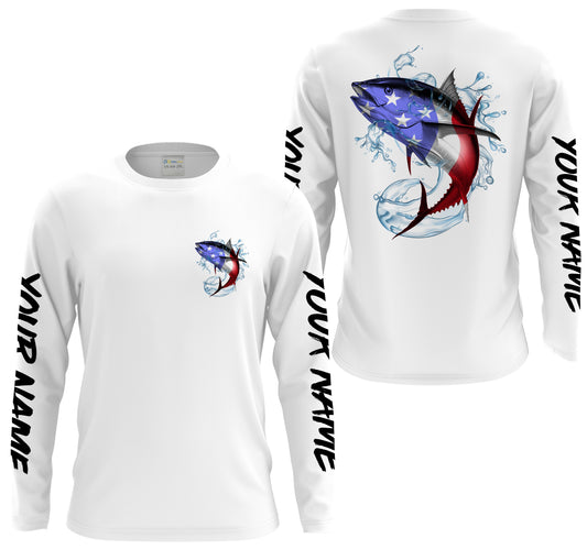 Maxcorners Tuna Fishing American Flag Custom performance Long Sleeve Fishing Shirts, Patriotic Fishing gifts - LM0501