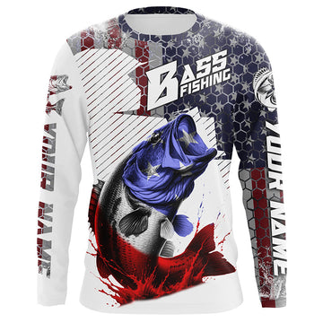 Maxcorners American Flag Bass Fishing Custom Long Sleeve Fishing Shirts, Patriotic Bass Fishing Jerseys LM0201