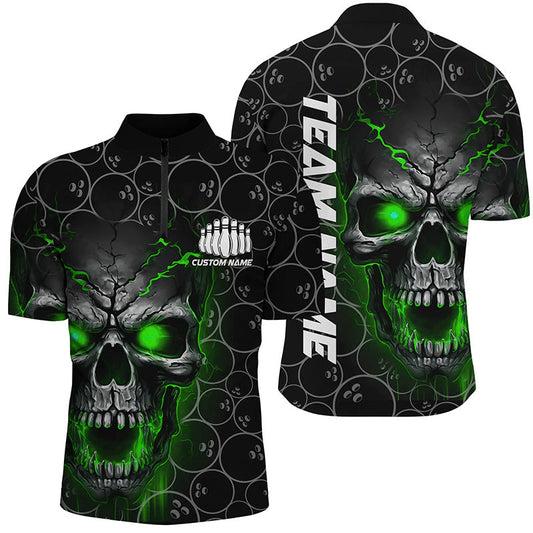 MaxCorners Bowling Ball And Pins Skull Ball Pattern Multil Color Customized Name, Team Name 3D Stand Collar Zipper Polo Shirt