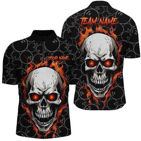 MaxCorners Bowling Ball And Pins Red Flame Skull Customized Name, Team Name 3D Stand Collar Zipper Polo Shirt