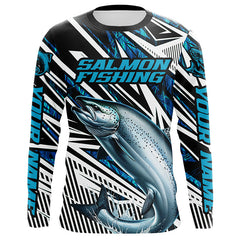 Maxcorners Salmon Fishing Custom Long Sleeve Performance Fishing Shirts, Blue Camo Salmon Fishing Jerseys LM2408
