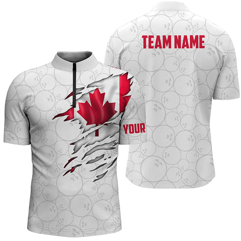 MaxCorners Bowling And Pins Canadian Flag  Customized Name, Team Name 3D Stand Collar Zipper Polo Shirt For Men