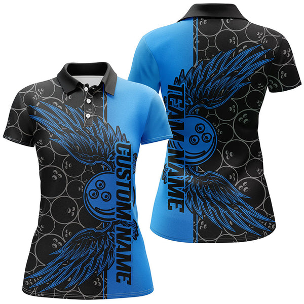 Maxcorners Black And Blue Custom Unisex Bowling Tournament Team Shirts, Bowling Ball And Wings Jerseys