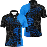 Maxcorners Black And Blue Custom Unisex Bowling Tournament Team Shirts, Bowling Ball And Wings Jerseys