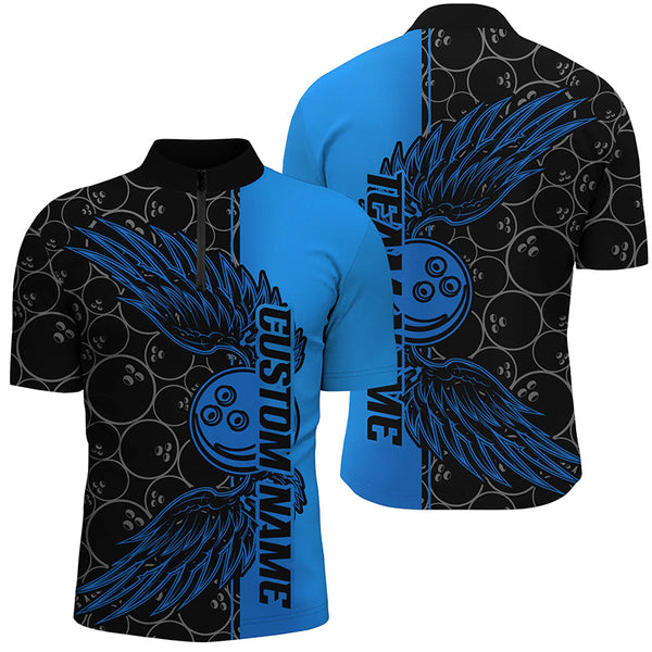 Maxcorners Black And Blue Custom Unisex Bowling Tournament Team Shirts, Bowling Ball And Wings Jerseys