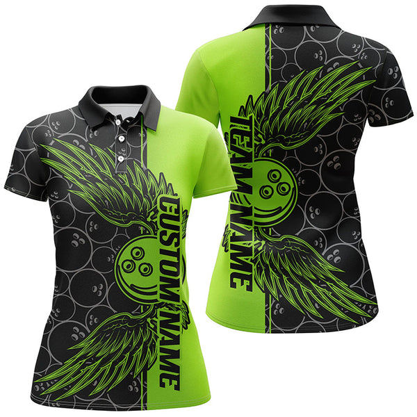 Maxcorners Black And Green Custom Unisex Bowling Tournament Team Shirts, Bowling Ball And Wings Jerseys