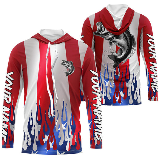Maxcorners Custom 3D Flame American Flag Bass Long Sleeve Fishing Shirts, Patriotic Bass Fishing Jerseys LM0201