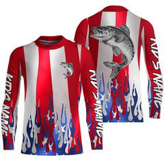 Maxcorners Custom 3D Flame American Flag Walleye Long Sleeve Fishing Shirts, Patriotic Walleye Fishing Jerseys LM0501