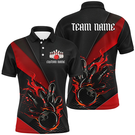 Maxcorners Custom Name Fire Flame Bowling Team Shirts For Men, Women And Kids | Red LM0503