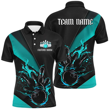 Maxcorners Custom Name Fire Flame Bowling Team Shirts For Men, Women And Kids | Cyan LM0503