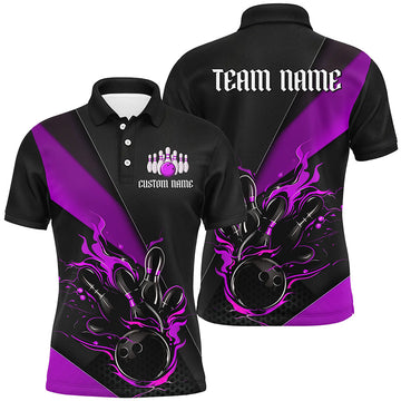Maxcorners Custom Name Fire Flame Bowling Team Shirts For Men, Women And Kids | Purple LM0503