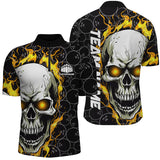 MaxCorners Bowling Ball And Pins Skull Flame Ball Pattern Customized Name, Team Name 3D Stand Collar Zipper Polo Shirt