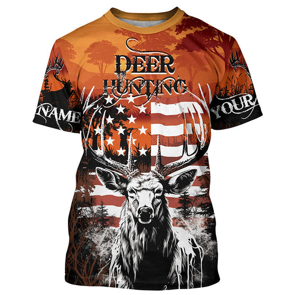 Maxcorners Personalized Us Flag Deer Hunting Shirts Patriotic Deer Hunter Apparel Big Game Hunting Clothes For Men Women LM2608