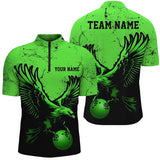 MaxCorners Bowling And Pins Green Eagle  Customized Name, Team Name 3D Stand Collar Zipper Polo Shirt For Men