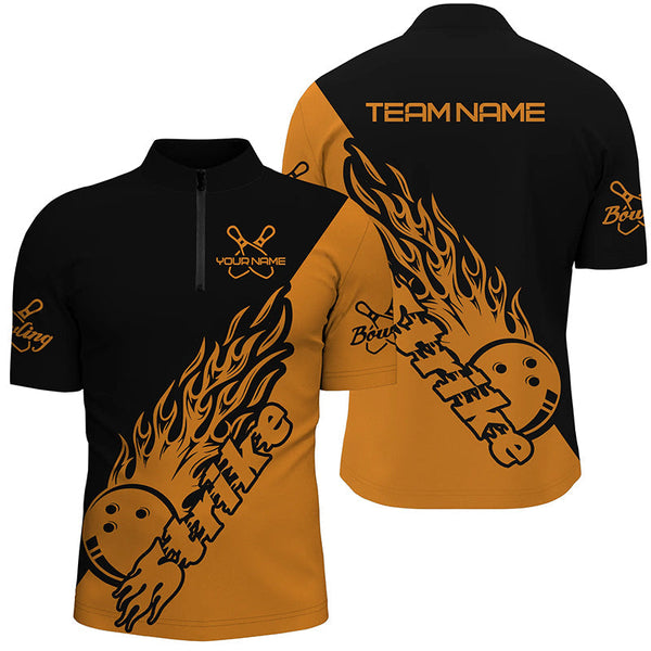 MaxCorners Bowling Ball And Pins Ball Flame Strike Customized Name, Team Name 3D Stand Collar Zipper Polo Shirt