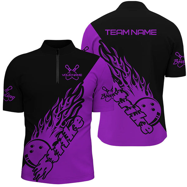 MaxCorners Bowling Ball And Pins Ball Flame Strike Customized Name, Team Name 3D Stand Collar Zipper Polo Shirt