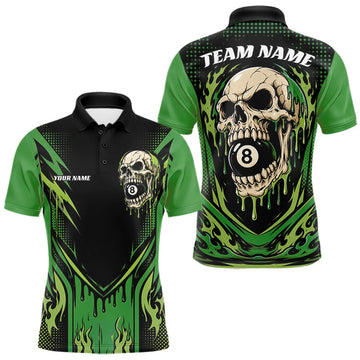 Maxcorners Custom Green Dripping Skull 8 Ball Halloween Billiards Men Polo Shirt, Pool Shirt