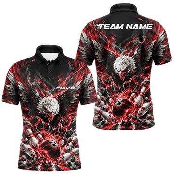 Maxcorners Custom Red Flame Eagle Bowling Men Polo Shirt, Matching Bowling Team League Shirt