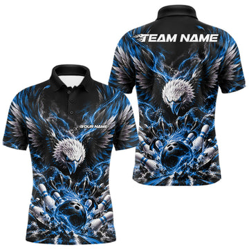 Maxcorners Custom Ocean Blue Flame Eagle Bowling Men Polo Shirt, Matching Bowling Team League Shirt