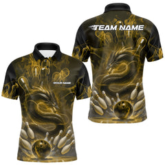 Maxcorners Custom Yellow Flame Dragon Bowling Men Polo Shirts, Dragon Bowling League Shirt LM1112