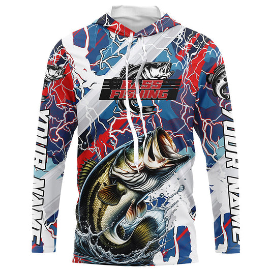 Maxcorners Red, White And Blue Lightning Camo Custom Largemouth Bass Long Sleeve Tournament Fishing Shirts LM0201