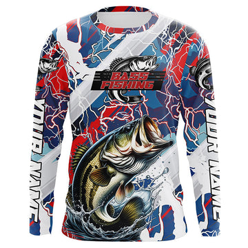 Maxcorners Red, White And Blue Lightning Camo Custom Largemouth Bass Long Sleeve Tournament Fishing Shirts LM0201