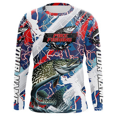Maxcorners Red, White And Blue Lightning Camo Custom Pike Long Sleeve Tournament Fishing Shirts LM2408