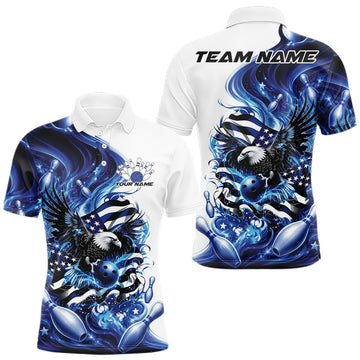 Maxcorners Custom Blue Flame American Egle Bowling Men Polo Shirt, Patriotic Bowling Team Shirt
