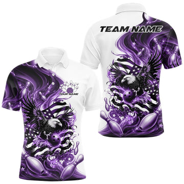 Maxcorners Custom Purple Flame American Egle Bowling Men Polo Shirt, Patriotic Bowling Team Shirt