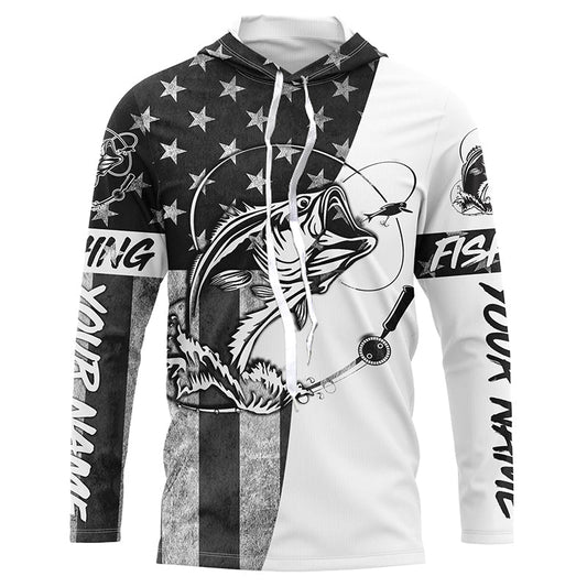 Maxcorners Black And White American Flag Bass Fishing Shirts, Personalized Patriotic Bass Fishing Jerseys LM0201