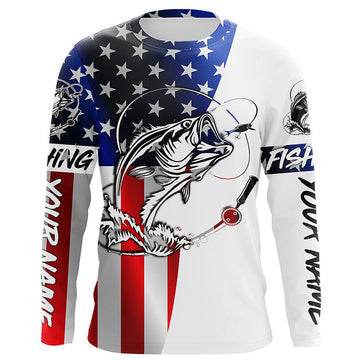 Maxcorners Bass Fishing American Flag Long Sleeve Fishing Shirts, Personalized Patriotic Bass Fishing Jerseys LM0201