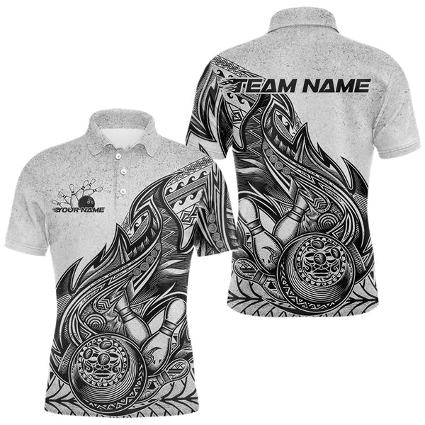 Maxcorners Custom Grunge Black And Gray Tribal Flame Polynesian Bowling Team Polo Shirt For Men