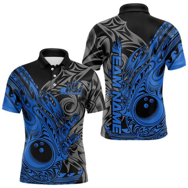 Maxcorners Custom Black And Blue Flame Tribal Polynesian Bowling Men Polo Shirts, Bowling Team Uniform