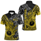 Maxcorners Custom Black And Yellow Flame Tribal Polynesian Bowling Men Polo Shirts, Bowling Team Uniform