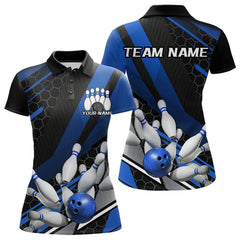 Maxcorners Custom Black And Blue Bowling Team Jerseys, Striking Bowling League Polo Shirt For Men MT0609