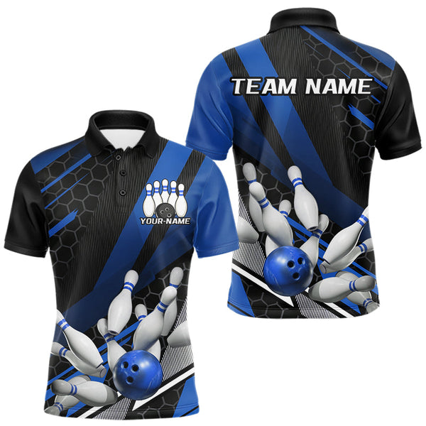 Maxcorners Custom Black And Blue Bowling Team Jerseys, Striking Bowling League Polo Shirt For Men MT0609
