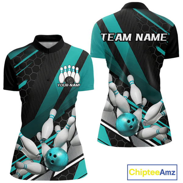 Maxcorners Custom Black And Turquoise Blue Bowling Team Jersey, Striking Bowling League Men Polo Shirt MT0609