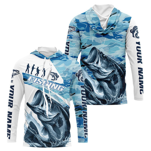 Maxcorners Bass Fishing Custom Long Sleeve Tournament Shirts, Blue Camo Bass Fishing Jerseys For Fisherman LM0201