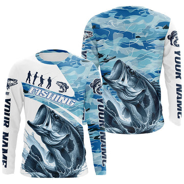 Maxcorners Bass Fishing Custom Long Sleeve Tournament Shirts, Blue Camo Bass Fishing Jerseys For Fisherman LM0201