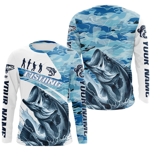 Maxcorners Bass Fishing Custom Long Sleeve Tournament Shirts, Blue Camo Bass Fishing Jerseys For Fisherman LM0201
