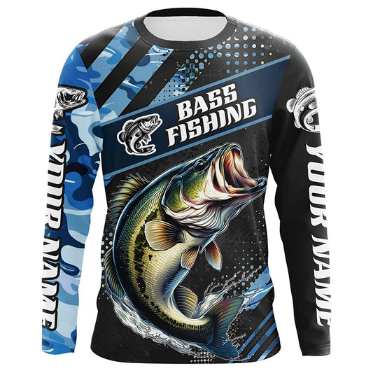 Maxcorners Personalized Blue Camo Bass Fishing Jerseys, Largemouth Bass Long Sleeve Tournament Fishing Shirts LM0201