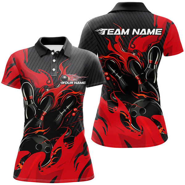 Maxcorners Black And Red Custom Flame Bowling Shirts For Men, Bowling League Shirts Team Uniform