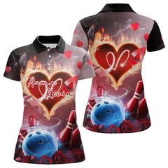 Maxcorners Custom Valentines Day Couple Bowling Polo Shirts For Men, Roses And Flame Bowling For Lovers