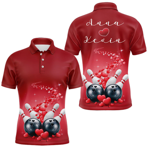 Maxcorners Custom Red Valentine Bowling Polo Shirts For Men, Valentines Day Couple Bowling Outfits