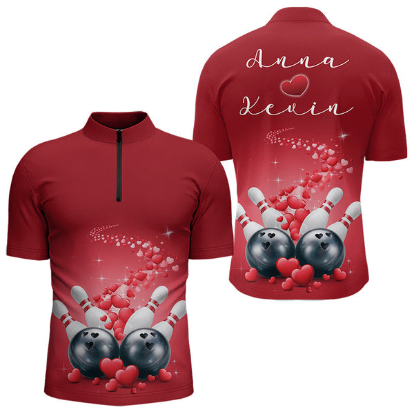 Maxcorners Custom Red Valentine Bowling Polo Shirts For Men, Valentines Day Couple Bowling Outfits