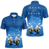 Maxcorners Custom Blue Valentine Bowling Polo Shirts For Men, Valentines Day Couple Bowling Outfits