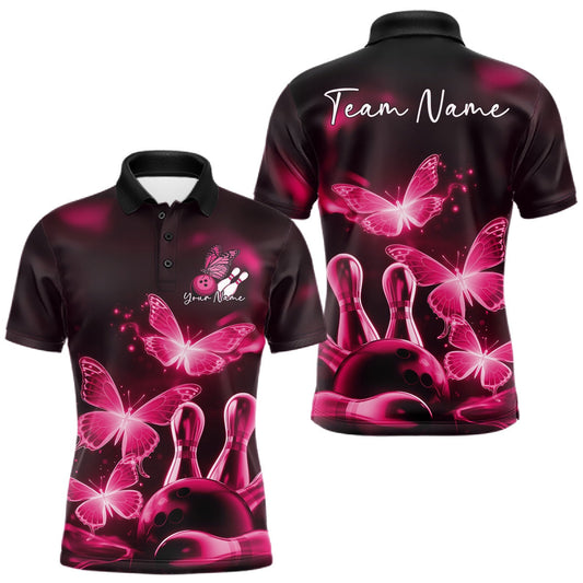 Maxcorners Custom Pink Butterfly Bowling Polo Shirts For Men, Bowling Team Shirt With Butterflies