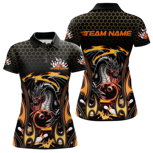 Maxcorners Custom Black And Yellow Flame Dragon Bowling Men Polo Shirts, Team Bowling League Shirt