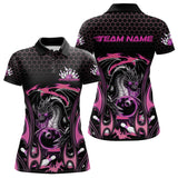 Maxcorners Custom Black And Pink Flame Dragon Bowling Men Polo Shirts, Team Bowling League Shirt