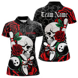 Maxcorners Custom Red Roses And Skull Bowling Polo Shirts For Men, Team Bowling League Shirt